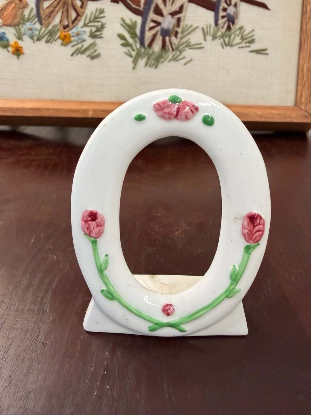 Vintage Ceramic Oval Picture Frame With Raised Roses Florals Cottagecore Decor